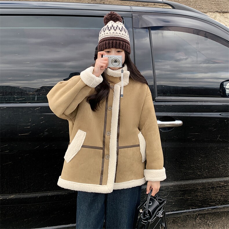 羊羔毛厚外套女2024冬新款今年流行翻领机车服宽松超好看皮毛一体,女装皮草,2C050