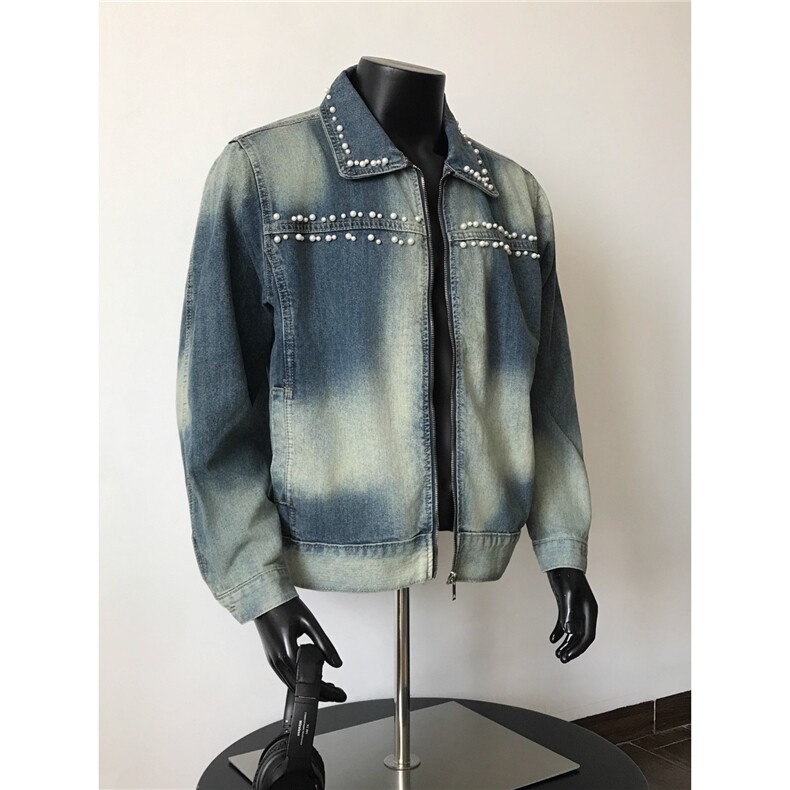 JK21-P78立体珍珠钉珠牛仔外套男秋季美式街头小众高级感短款，男装工装外套，电商B323A