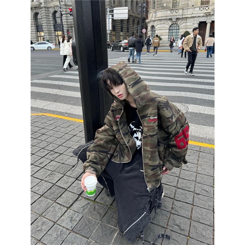 迷彩连帽卫衣外套美式复古街头开衫拉链上衣,女装短外套,星座1210-1