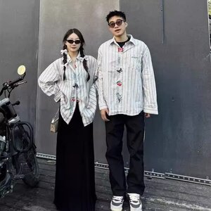 1506/QJ080/P46情侣文艺感刺绣长袖衬衫男女春秋季宽松百搭衬衣图片