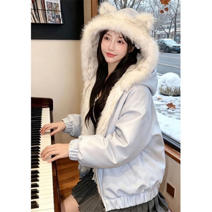 猫耳朵座山雕蓝色连帽棉服冬日女学生防寒保暖棉衣外套 M3621图片
