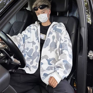 RJ641美式复古鲨鱼头双帽拉链卫衣男潮牌青少年宽松迷彩外套图片