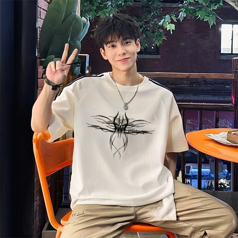 抖音得物高品质二开240克宽松纯棉美式潮牌三条杠织带短袖T恤，男装T恤，电商A486-1