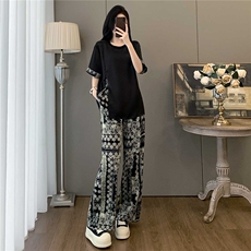 时尚减龄套装女夏季新款宽松显瘦圆领印花侧边拉链短袖长裤两件套，女装套装/套裙，江南