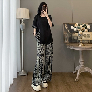 时尚减龄套装女夏季新款宽松显瘦圆领印花侧边拉链短袖长裤两件套图片