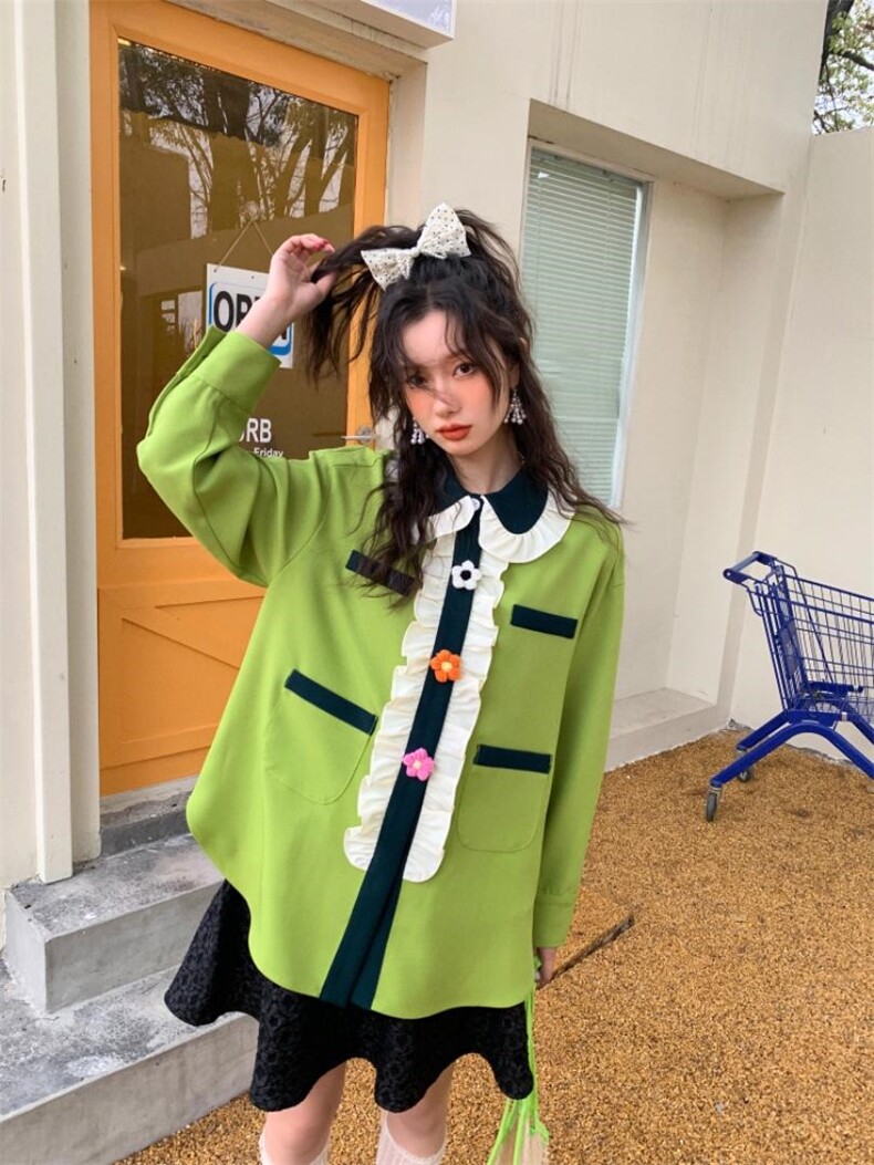 小花朵草绿衬衫，女装衬衫，YOUER DENG