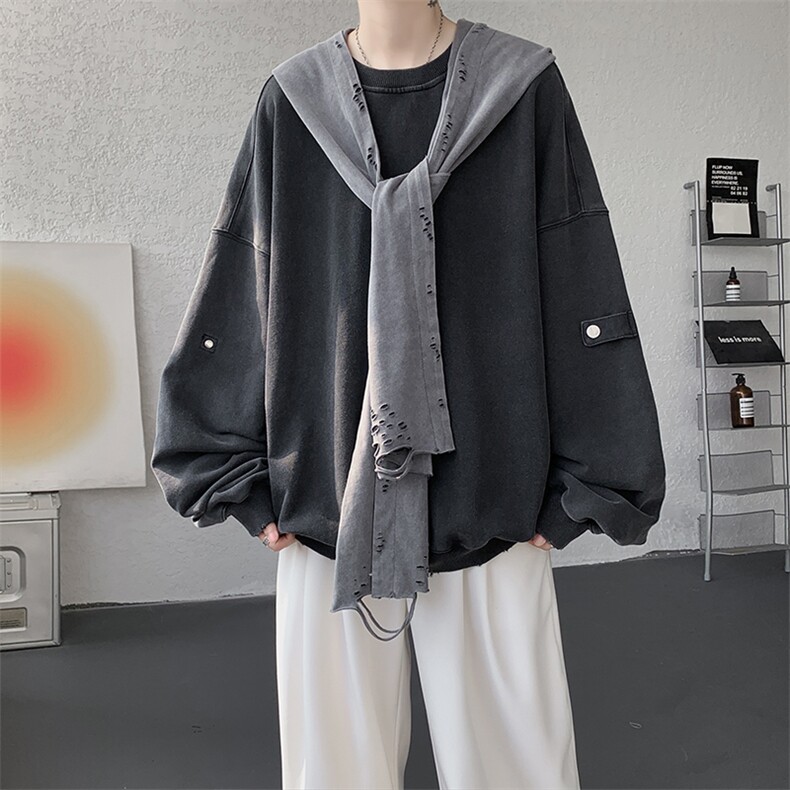 8XL-M高品质美式雕刻可拆卸破洞帽洗水深灰多穿法圆领卫衣WY28P88,男装卫衣,电商D206-1