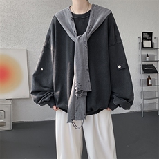8XL-M高品质美式雕刻可拆卸破洞帽洗水深灰多穿法圆领卫衣WY28P88，男装卫衣，电商D206-1