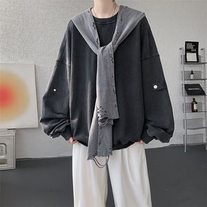 8XL-M高品质美式雕刻可拆卸破洞帽洗水深灰多穿法圆领卫衣WY28P88图片