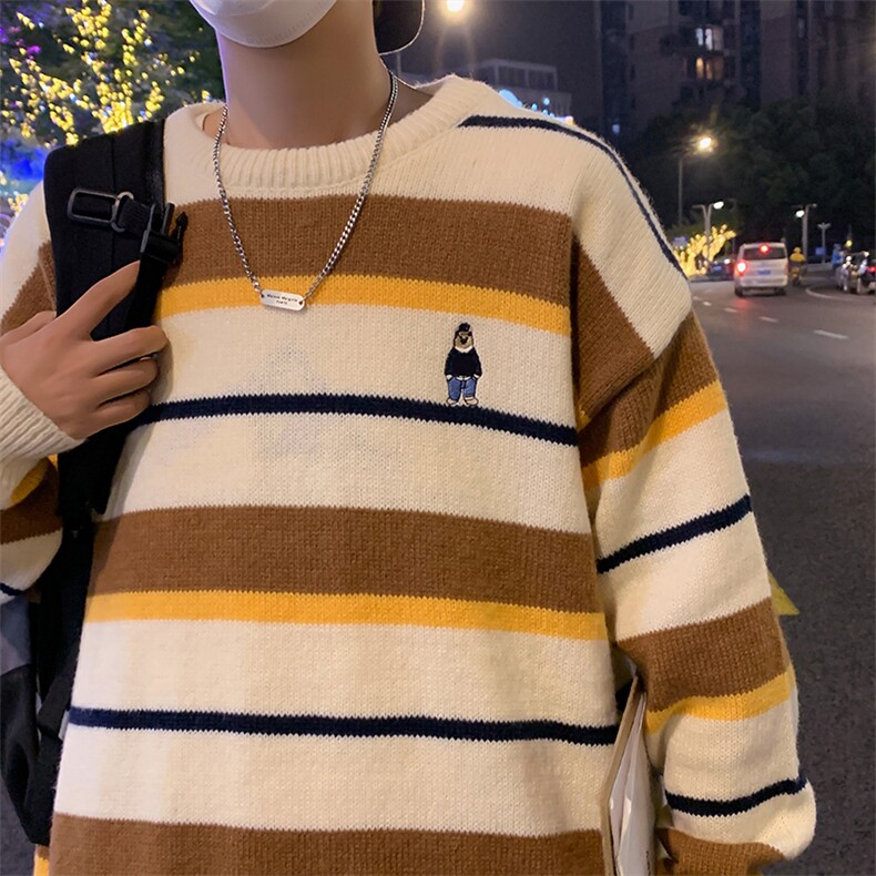 春秋条纹毛衣男韩版学生日系慵懒学院风宽松圆领上衣M751-P45，男装针织衫/毛衣，星座512-2