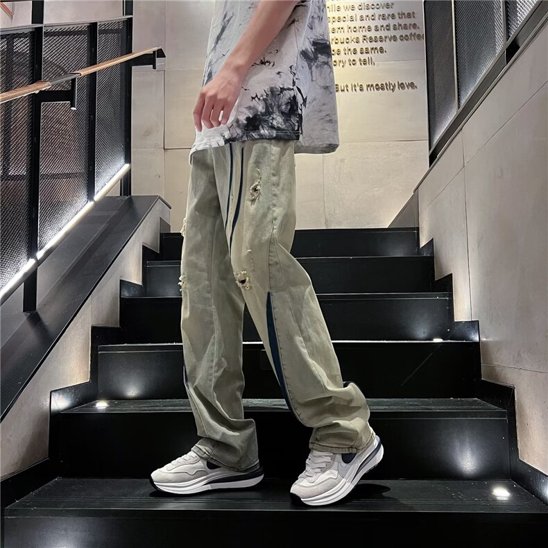 美式黄泥破洞牛仔裤男夏季直筒痞帅阔腿裤子高街vibe潮牌JN68-p45图片