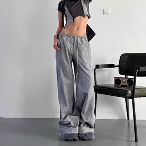 美式复古高街工装裤女夏季降落伞裤子宽松阔腿裤休闲褶皱运动长裤图片