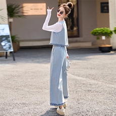 2025秋新款蕾丝拼接收腰牛仔马甲背心九分裤阔腿裤三件套，女装套装/套裙，瑶迪