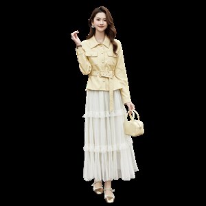 现货2026年春季新款女时尚潮流优雅风小外套皮衣蕾丝半身裙两件套，女装套装/套裙，奋斗女王