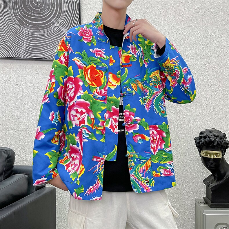 PK01东北大花布汉服春秋男女二人转抖音民族风农家乐年会演出,男装夹克,星座115A(原星座507）