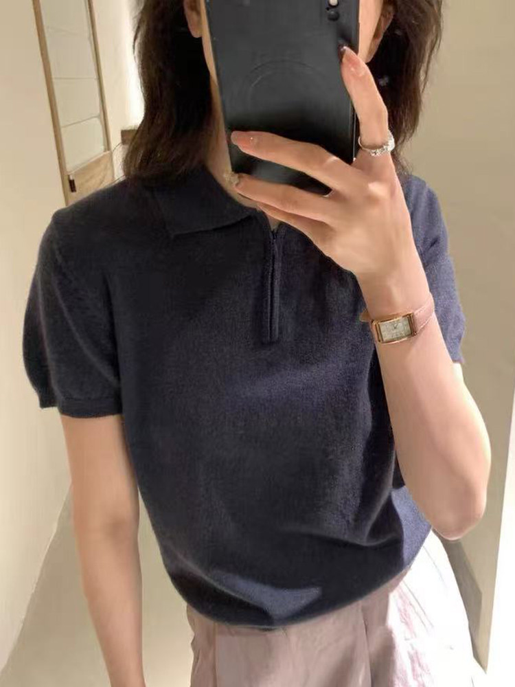 翻领时尚短袖夏季新款百搭修身型,女装T恤,锦弘羊绒