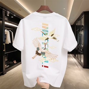 已做版权 新中式潮短袖风宽松仙鹤复古t恤男 T55-P28图片