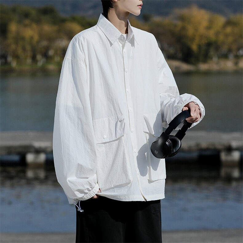 8XL-M春夏廓形衬衫防晒外套特大码多口袋复古慵懒衬衣,男装夹克,电商B238