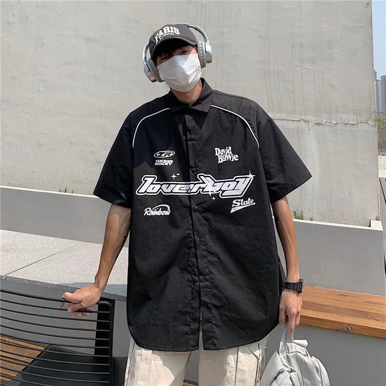 情侣装夏装新款机车字母印花织带短袖衬衫宽松男女港风潮D305P48,男装T恤,电商A335-1（原A458）