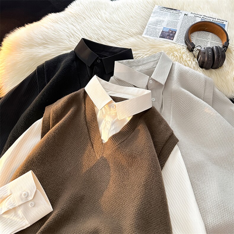 主推款男士假两件衬衫领新款刺绣针织打底衫CS91-P68，男装T恤，电商B278