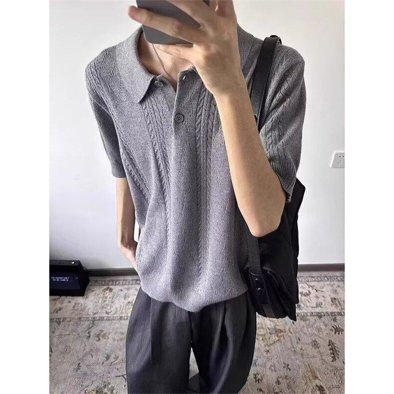 新款格雷系麦穗纹提花针织短袖polo衫文艺慵懒潮流ins原宿T511，男装Polo衫，星座1116A（原606A-3）