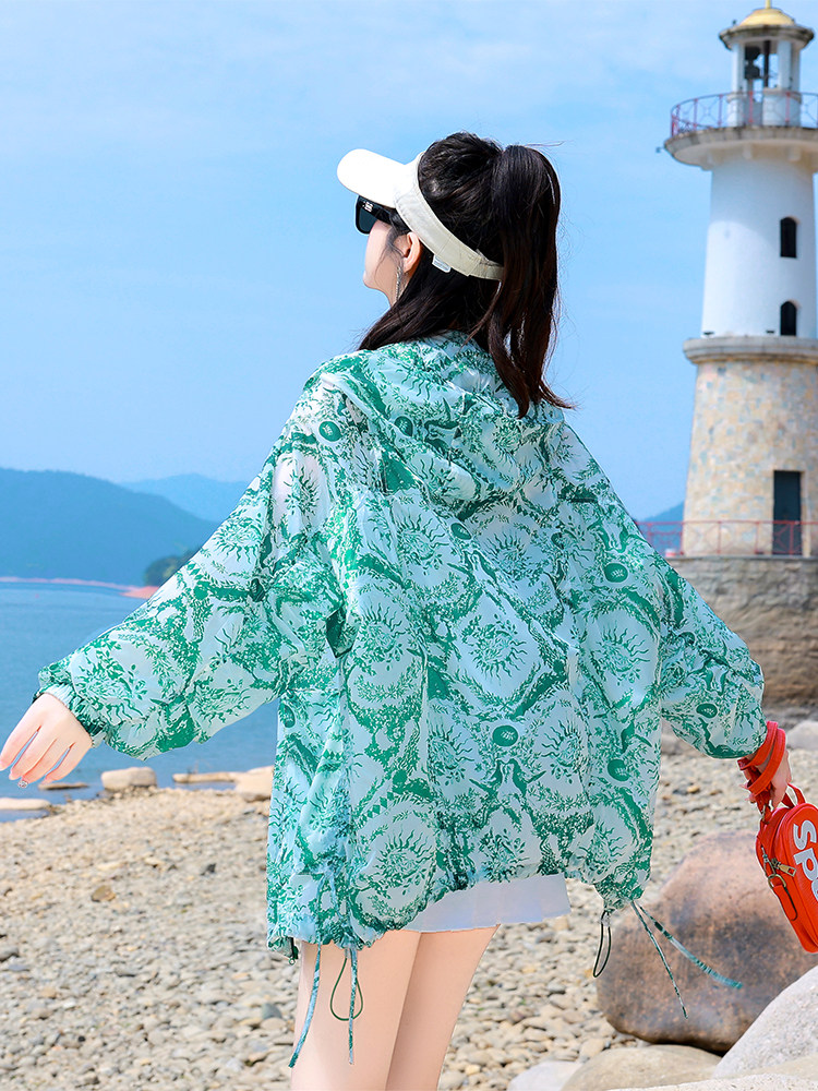 薄外套女中长款2025夏季新款时尚印花连帽户外遮阳棒球服长袖上衣,女装防晒衣,可可小西