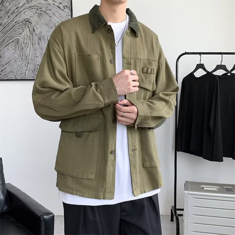 常规款潮长袖秋季标准青少年美式翻领拼色工装外套男秋色H03/P65图片