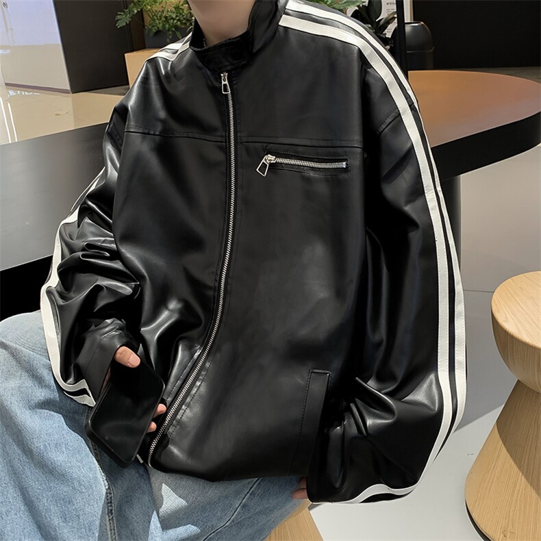 港风秋款男立领皮衣休闲夹克工装拉链条纹拼接外套JK836P65,男装夹克,星座1013-1