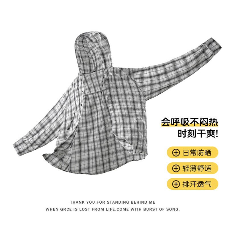 特批P35无差价夏季复古大码连帽格子薄款透气防晒衬衫外套男J5210,男装衬衫,电商A001