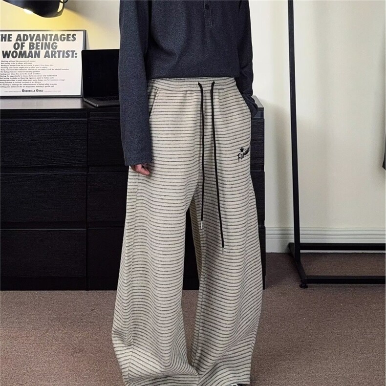 阔腿裤女春秋2025新款垂感宽松bf慵懒黑白斜条纹休闲直筒运动裤潮,女装休闲裤,星座506A