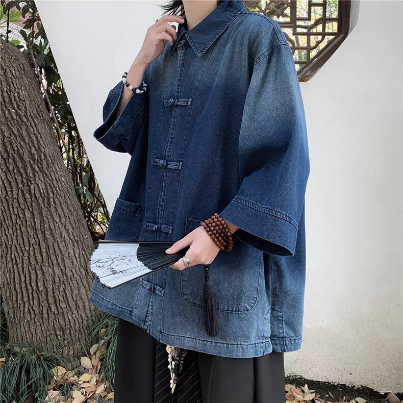 风水洗做旧牛仔衬衫外套男生夏季宽松复古盘扣短袖衬衣,男装衬衫,星座716-3