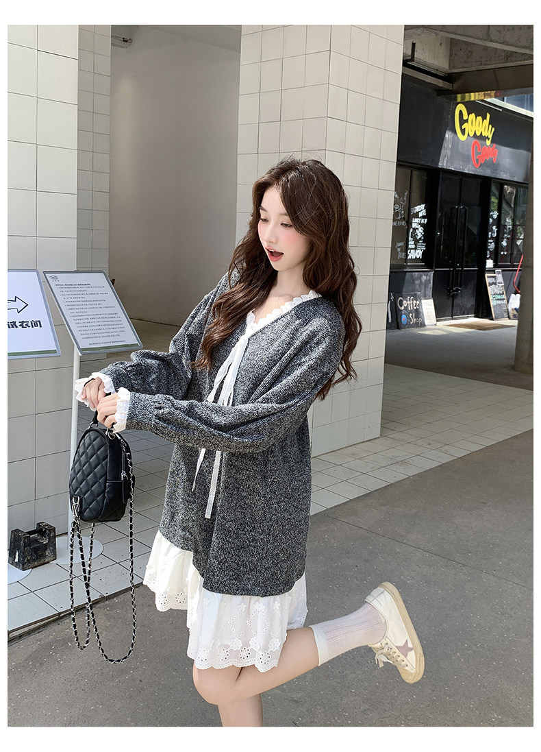灰色假两件拼接长袖连衣裙女秋季巨好看高级感针织短裙子，女装连衣裙，浙宝222（原006）