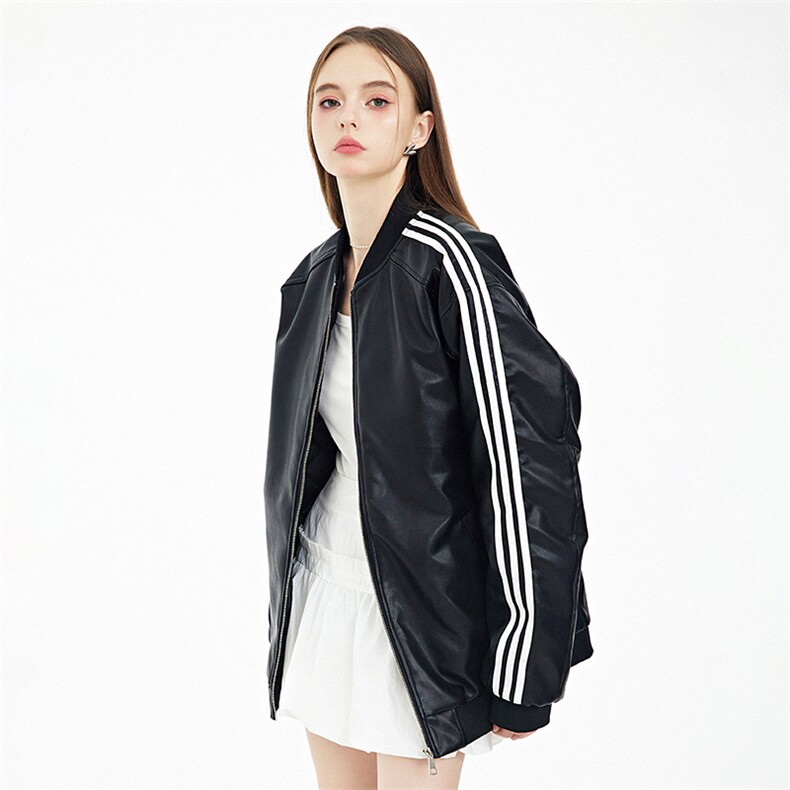 现货三条杠袖子PU皮棒球服外套秋冬棉服带帽可拆卸,男装棉衣,电商A105