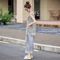 新中式牛仔套装女2025夏季新款蕾丝拼接盘扣上衣牛仔阔腿裤两件套，女装套装/套裙，韩宇舍