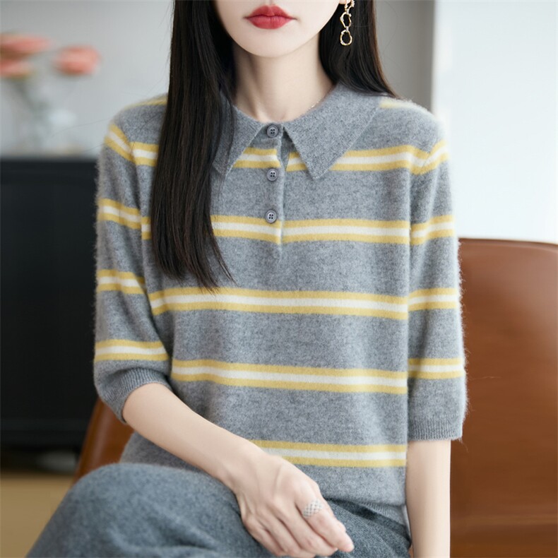 100%纯羊毛衫女Polo领五分袖拼色毛衣翻领条纹套头针织打底衫,女装羊毛衫,大美人包芯纱店