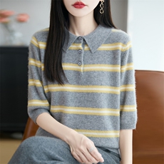 100%纯羊毛衫女Polo领五分袖拼色毛衣翻领条纹套头针织打底衫，女装羊毛衫，大美人包芯纱店