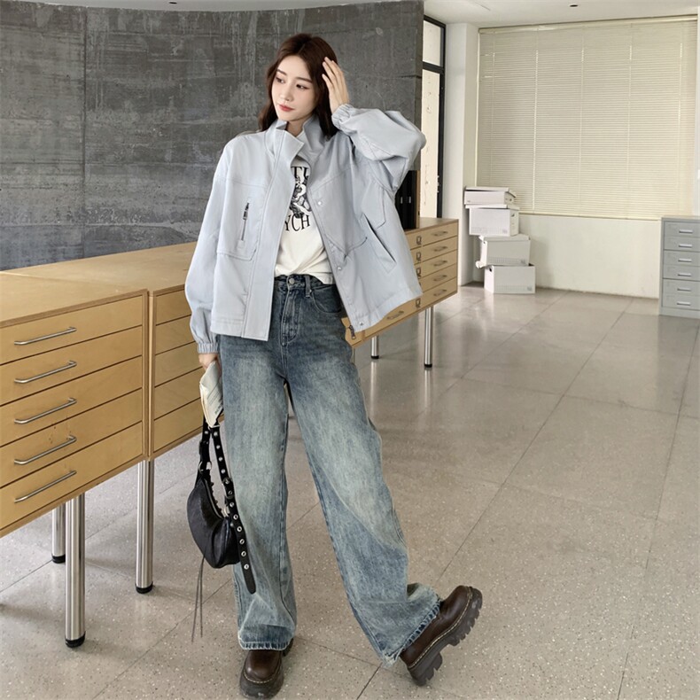 设计感立领皮衣外套女2025秋季新款复古宽松百搭小个子工装夹克潮,女装皮衣,2C056