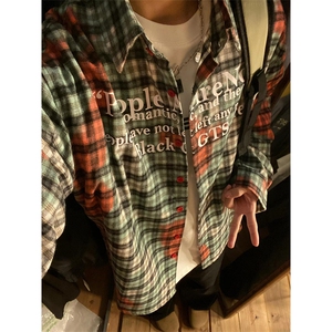 美式字母印花拼色扎染格子衬衫春秋男女宽松衬衣外套潮 C3003图片