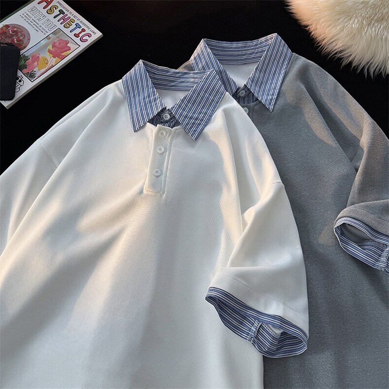8XL-M假两件衬衫领短袖T恤大码夏季条纹拼接polo衫半袖DX1211/P45,男装Polo衫,电商B238