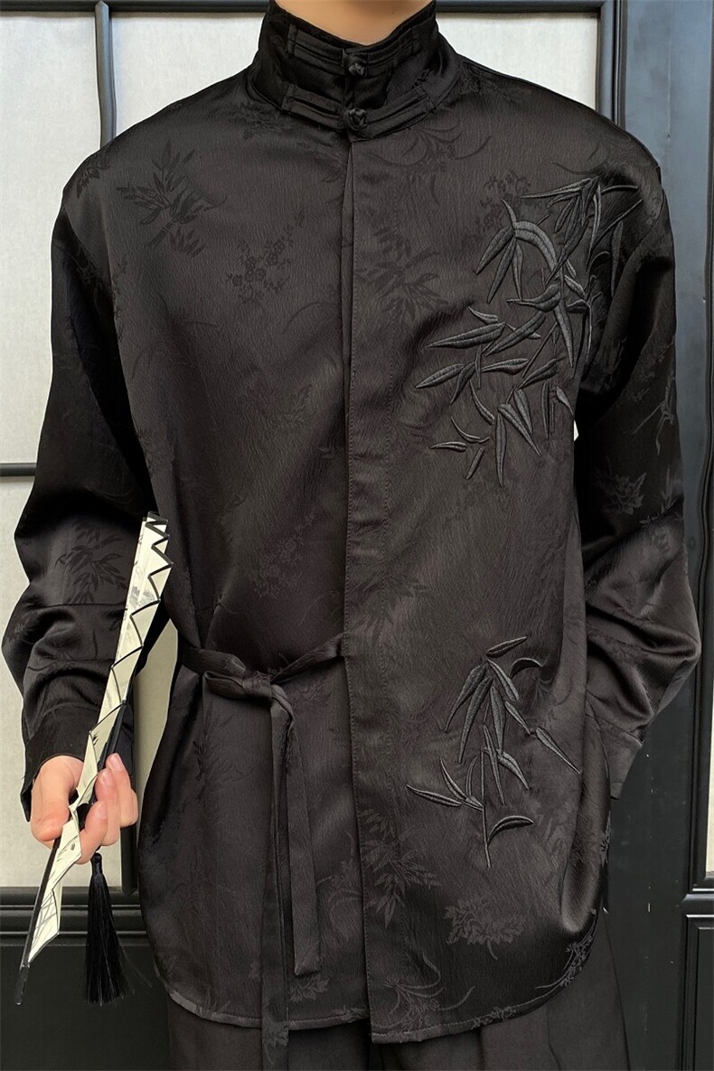 中式立领盘扣双门襟长袖男女衬衣古风禅意缎面提花刺绣,男装衬衫,电商A246