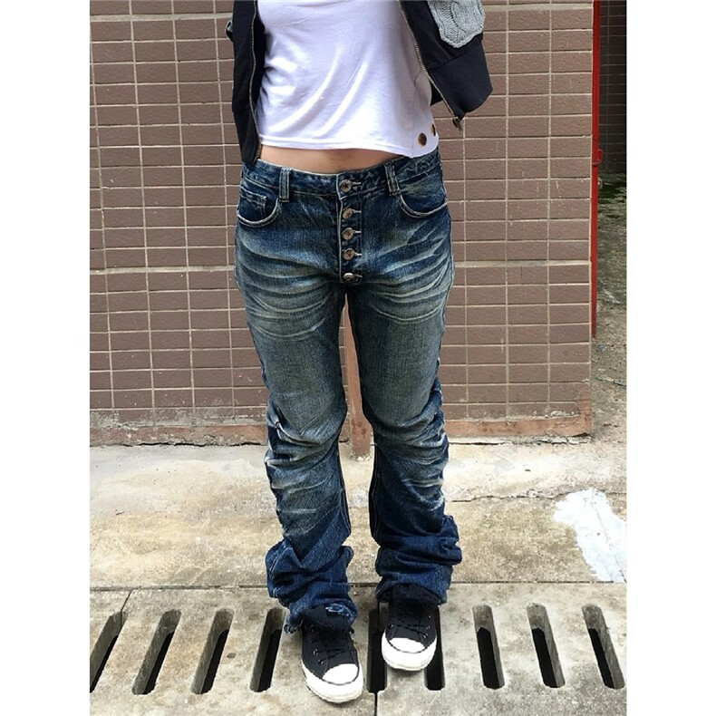 美式复古高街排扣微喇牛仔裤男女褶皱小众波纹猫须弯刀修身拖地裤,男装牛仔裤,星座506A