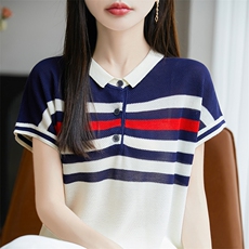 娃娃脸条纹针织短袖T恤女2025夏季新款洋气打底衫天丝薄款上衣t恤，女装针织衫/毛衣，郡淞羊绒