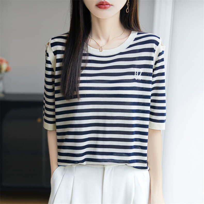 拼色圆领莱赛尔天丝针织五分袖T恤女条纹漏肩短袖T恤宽松半袖打底，女装针织衫/毛衣，九嘉羊绒