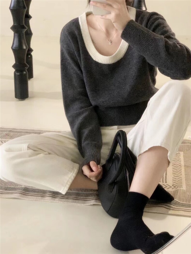 高端软糯山羊绒衫女圆领秋冬款加厚慵懒风针织衫拼色大码打底毛衣,女装羊毛衫,圣旺供货