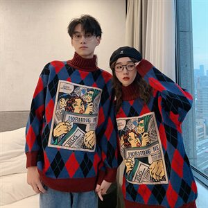 趣味漫画情侣宽松半高领毛衣男女韩版针织衫秋冬加厚T011图片