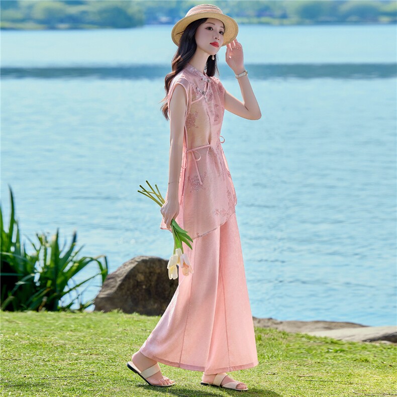 时尚洋气刺绣棉麻套装女2026夏季新款宽松遮肉衬衫领阔腿裤两件套,女装套装/套裙,众宇琦