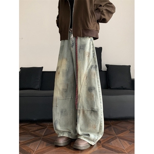 港风秋款男女牛仔裤刺绣扎染拼接弯刀阔腿长裤NK5 P55图片