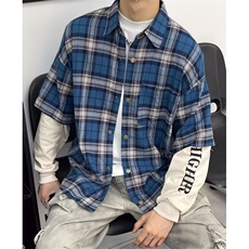 免烫五分袖夏季标准潮青少年复古假两件拼接格子衬衫长袖C450，男装衬衫，星座1116A（原606A-3）