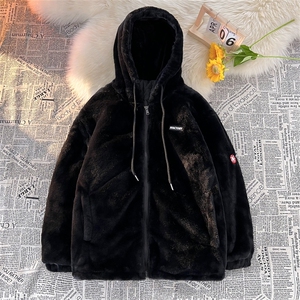 特批60冬季新品连帽仿兔毛棉服保暖加绒加厚潮流贴标休闲棉衣3801图片