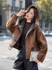 时尚休闲连帽麂皮绒皮毛一体外套女2025秋冬新款加绒加厚保暖棉衣，女装短外套，沁沁公主